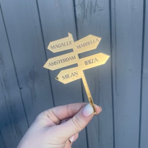 Direction sign engraved for travel cakes.