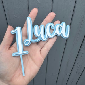 May include: A blue and white cake topper with the name "Luca" in cursive and the number "1". The topper is made of layered material and has a stick for insertion into a cake. The background is a grey wooden surface.