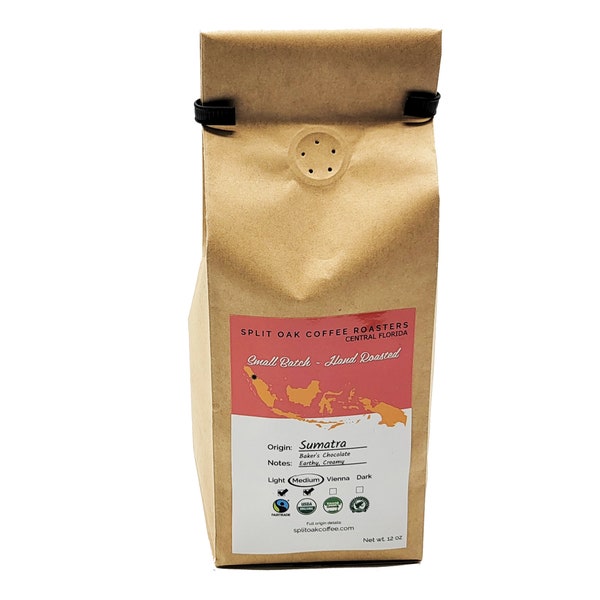 Organic Sumatra Coffee,  Medium Roast Chocolate , Hand Roasted 12 Oz, Whole Beans,  Indonesian Coffee,  Fair Trade  Certified