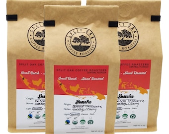 3 Pack Organic Sumatra Coffee, Medium Roast Chocolate , Hand Roasted 12 Oz, Whole Beans, Indonesian Coffee, Fair Trade Certified