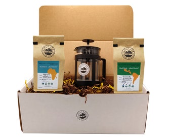 Coffee Gift Box with 2 Assorted Organic Coffees + 1 French Press