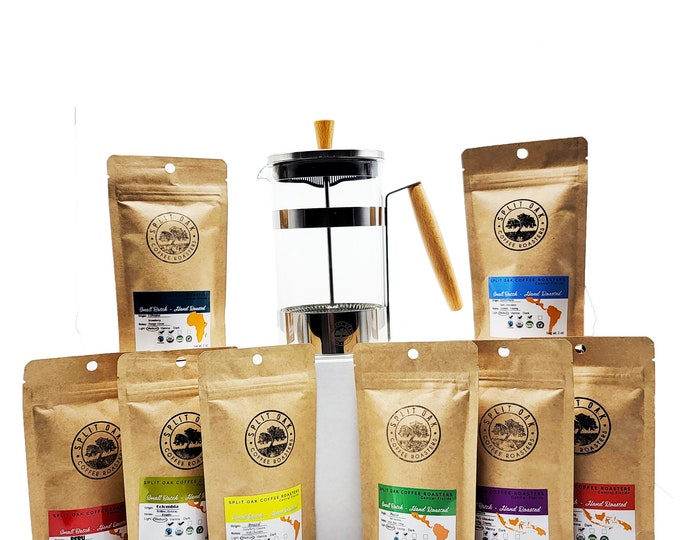 Coffee Gift Box Set 8 assorted coffees + 1 French Press Coffee Maker; The perfect house warming gifts--Ships OUT SAME DAY!!