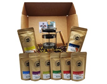 Coffee Gift Box Set: 8 Assorted Coffees + French Press