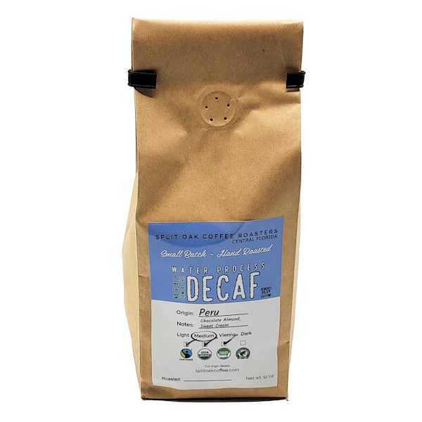 Organic Decaf Coffee  Medium Roasted Peru Coffee Whole Beans 12oz. Sweet Espresso Crema, Almond Flavored. Fair Trade, Swiss Water Process