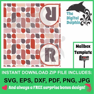 Puede incluir: Una descarga digital de una plantilla de buzón con un patrón geométrico en tonos de rosa, rojo y marrón. La plantilla presenta la letra "R" en un círculo. El texto "Plantilla de buzón" y "The Digital Dolphin" también se incluyen en la imagen.