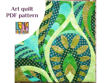 May include: A green, yellow, and blue art quilt with a geometric pattern. The quilt is made up of different shapes and sizes of fabric, and it has a modern and abstract design. The quilt is titled "Lena Pugachova Quilt Art".