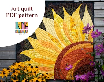 Follow the Sun PDF art quilt pattern, sunflower quilt, curve piecing, instant download