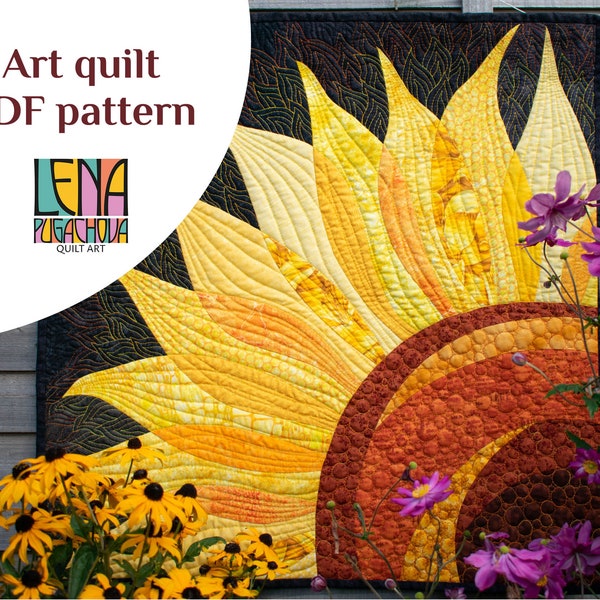 Follow the Sun PDF art quilt pattern, sunflower quilt, curve piecing, instant download