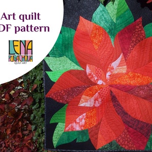 Pode incluir: Um padrão de colcha de arte de poinsettia vermelha e verde, com o texto "Art quilt PDF pattern" e "Lena Pugachova Quilt Art" na imagem.