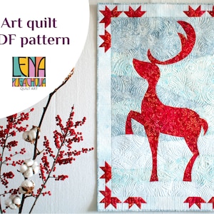 May include: A red reindeer art quilt pattern with a white background and a red starburst border. The pattern is titled "Art quilt PDF pattern" and includes the name "Lena Pugachova Quilt Art".