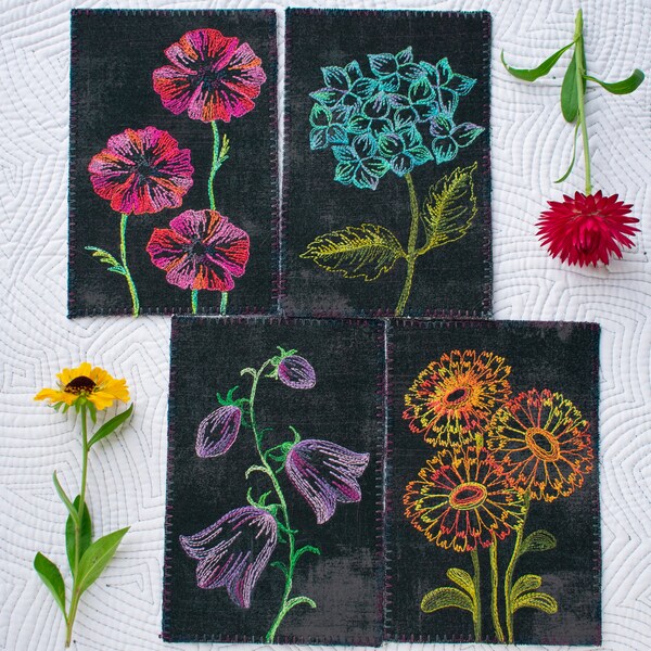 Unique textile, fabric postcards with stitched bright summer flowers