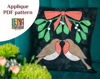 Bloco / almofada de apliques de Natal Robins e visco Padrão de colcha em PDF