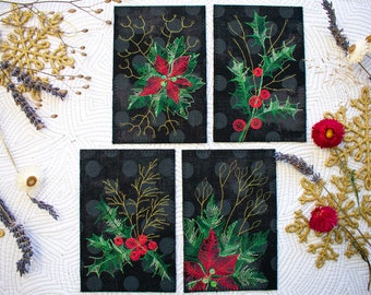 Textil único, tela postales navideñas con acebo y flor de pascua