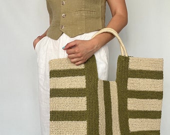Summer shoulder tote bag, knit shoulder bag, handmade tote bag, Striped beach bag, straw shoulder bag, crochet tote bag ,crochet beach bag