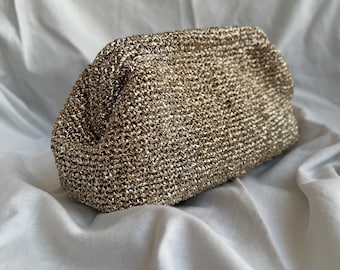 Handmade Pouch Clutch Bag, Luxury Bag, Crochet Clutch, Party Clutch Bag, Bridal Raffia Clutch Bag, Metallic clutch, Gold Clutch Bag