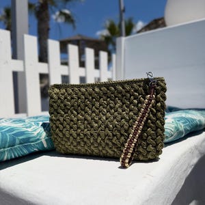 Crochet Textured Straw Style Pouch Bag: Personalized Wristlet Clutch
