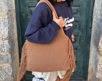 Suede Tassel Handmade Boho Bag: Crochet Fringe Tote
