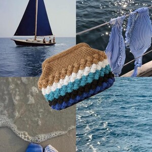 May include: A collage featuring a sailboat with a navy blue sail on the water, a crocheted clutch with brown, white, blue, and black stripes, and blue and white striped clothing. A life preserver floats in the water.