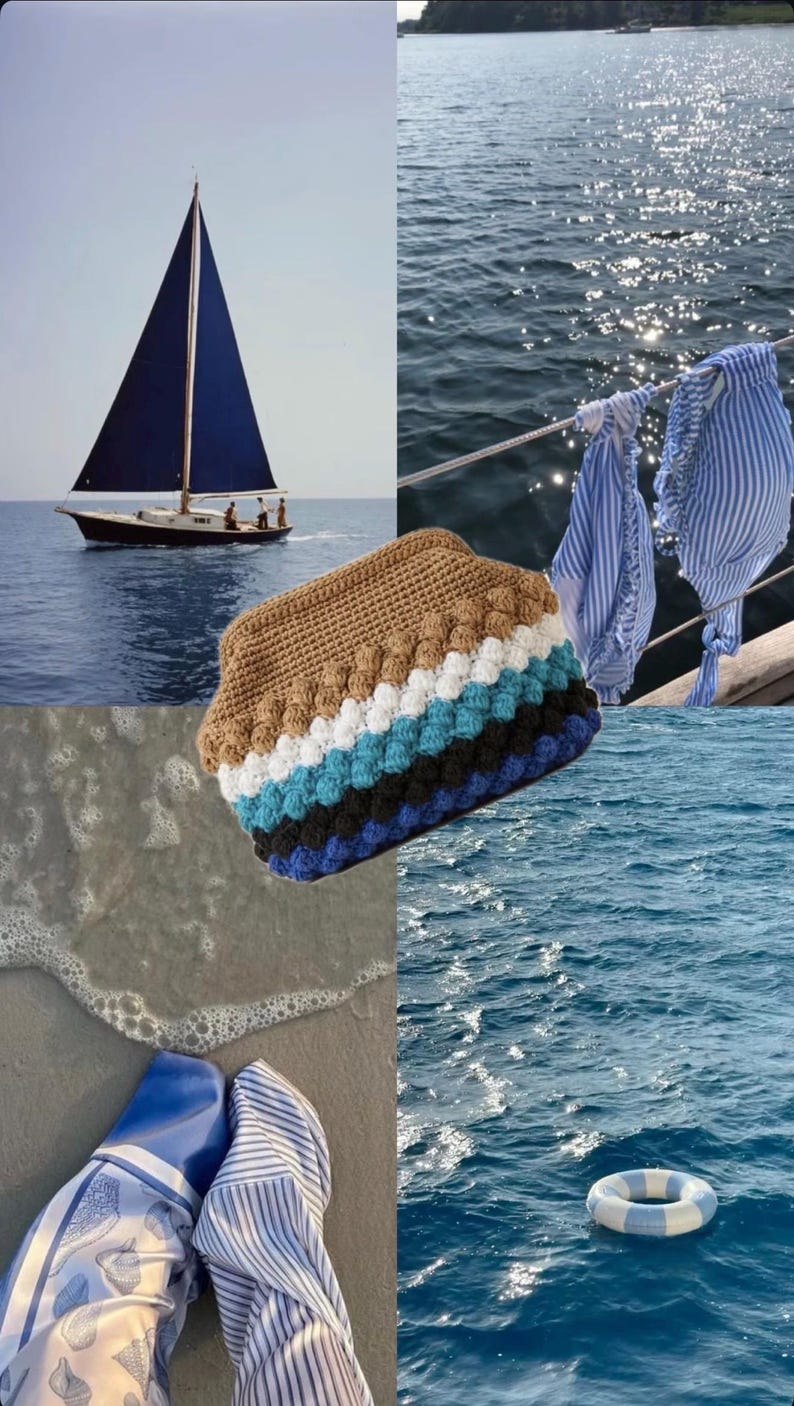 May include: A collage featuring a sailboat with a navy blue sail on the water, a crocheted clutch with brown, white, blue, and black stripes, and blue and white striped clothing. A life preserver floats in the water.