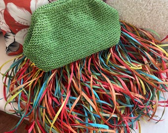 Handmade Crochet Fringe Clutch, Festival Bag, Boho Clutch, Bohemian Bag, Straw Clutch Bag, Gift for Her, Bachelorette Party Bag, Summer Bag