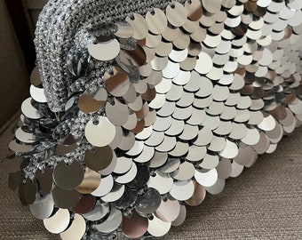 Handmade Metallic Silver Clutch: Sequin Party Pouch Bag