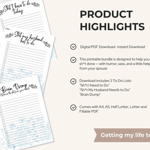 Peut inclure: Un t&eacute;l&eacute;chargement PDF num&eacute;rique avec trois listes de t&acirc;ches imprimables : "Sh*t I Need to Do", "Sh*t My Husband Needs to Do" et "Brain Dump". Les listes sont con&ccedil;ues avec humour et sont disponibles en formats A4, A5, Half Letter et Letter.