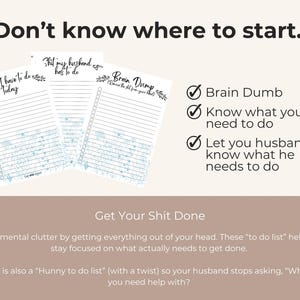 Peut inclure: Trois blocs-notes blancs avec les phrases "Shit I have to do Today", "Shit my husband has to do" et "Brain Dump". Les blocs-notes ont un motif d'&eacute;toiles bleu clair et sont lign&eacute;s. Le texte "Don't know where to start..." est en haut.
