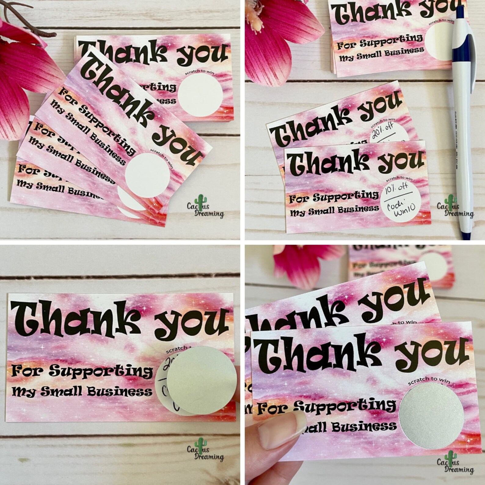 Return Thanks. Message Scratch off Thank You Cards Pink Watercolored Business Cards, Packaging ...