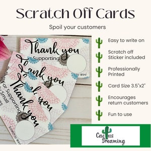 Cartões de agradecimento Scratch Off Cartões de visita, cartões de código de desconto, cartões de suporte a pequenas empresas, clientes recorrentes, tema rosa e azul