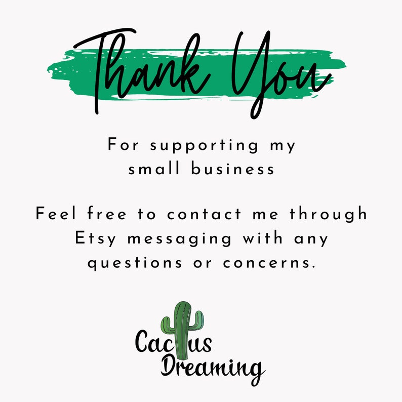Peut inclure: Fond blanc avec l'inscription "Thank You" en &eacute;criture noire sur un coup de pinceau vert. Le texte en dessous indique "Pour soutenir ma petite entreprise" et les coordonn&eacute;es. Un logo de cactus est en bas.