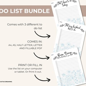 Peut inclure: Un ensemble de listes de t&acirc;ches imprimables avec le texte "TO DO LIST BUNDLE". L'ensemble comprend trois mod&egrave;les de listes diff&eacute;rents, dont "Shit I have to do Today", "Shit my husband has to do" et "Brain Dump". Disponible en A4, A5, Half Letter, Letter et PDF remplissable.
