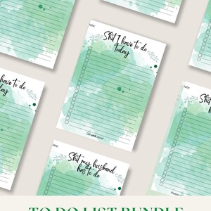 Könnte beinhalten: Ein Satz von vier druckbaren To-Do-Listen mit Aquarellhintergrund. Die Listen sind betitelt mit "Brain Dump", "Shit I Have to Do Today", "Shit My Husband Has to Do" und "Shit I Have to Do Today".