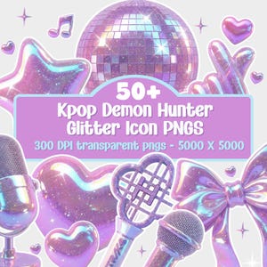 50+ Kpop Demon Hunter Glitter Icon PNG Bundle, Korean Idol Clipart, 300 DPI Transparent Graphics, Digital Download for Birthday & Party
