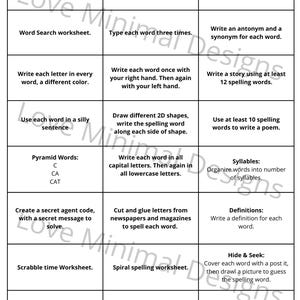 May include: A white worksheet with various spelling activities. Tasks include writing sentences, creating codes, and defining words. The worksheet features instructions like "Write each word in 3 different colors" and "Reverse ABC order."
