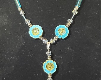 Hibiscus Flower Czech glass mixed-media necklace with pendant