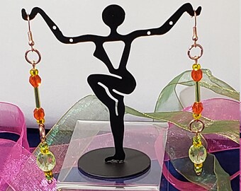 Pale green, sunshine yellow, & tangerine glass bead mixed media earrings