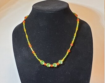 Pale green, sunshine yellow & tangerine beaded necklace