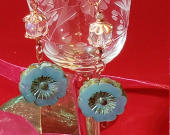 Hibiscus Flower Czech glass bead and fire polish glass earrings
