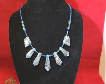 Blue Impression Jasper Bib necklace with seed beads mixed media