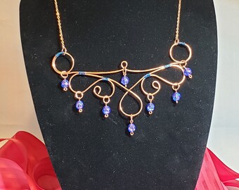 Copper wire bib necklace and earring set with FP Czech glass beads