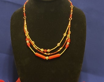 Red Czech glass mixed media bib necklace