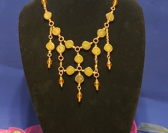 Bronze Czech Coin glass bib necklace with FP Czech beads