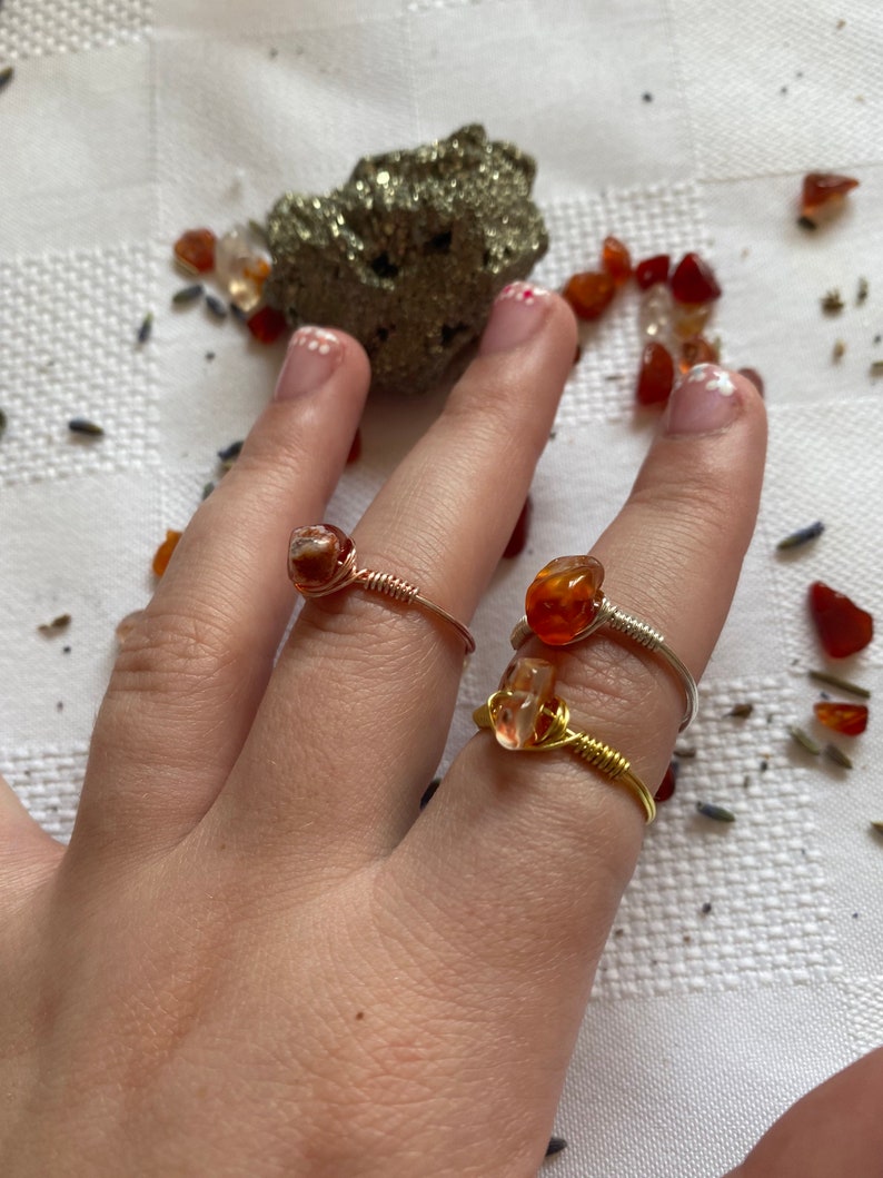 CARNELIAN RINGS wire wrapped crystal rings gold, silver, rose gold genuine carnelian image 4