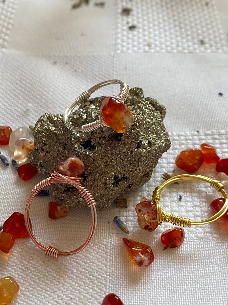 CARNELIAN RINGS wire wrapped crystal rings gold, silver, rose gold genuine carnelian image 3