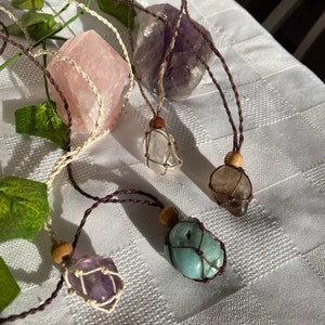 crystal macrame necklaces interchangeable and adjustable | choice between pouch with stone, and pouch without stone