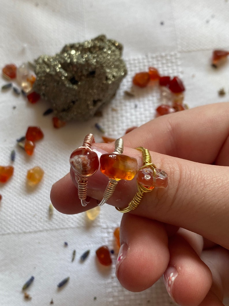 CARNELIAN RINGS wire wrapped crystal rings gold, silver, rose gold genuine carnelian image 1