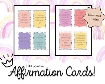 May include: A set of 100 positive affirmation cards with colourful backgrounds and white text. The cards feature phrases like "I am filled with love and light" and "Today, I choose joy".