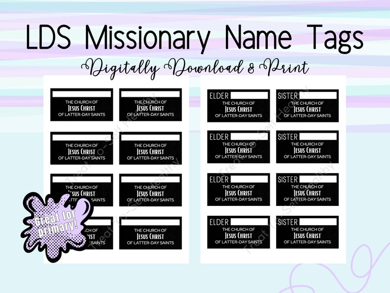 Op de afbeelding: Een printbaar vel met zwart-witte naamstickers voor LDS-missionarissen. De stickers bevatten de tekst "De Kerk van Jezus Christus van de Heiligen der Laatste Dagen" en de titels "Elder" en "Sister".