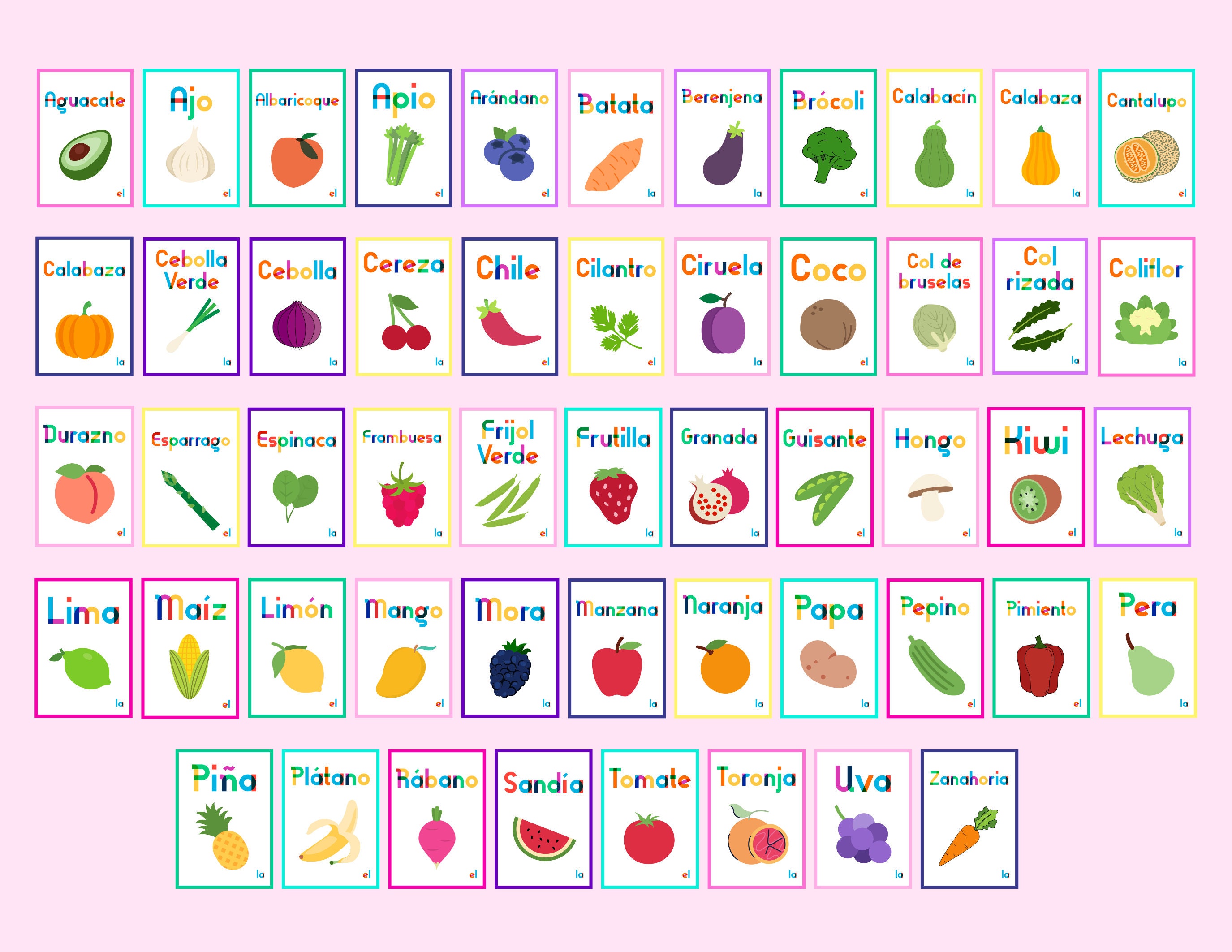 Spanish/english Flashcards, Fruits and Vegetables - Etsy