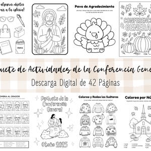 May include: A digital download of a 42-page activity packet. The black and white pages include coloring pages with religious themes, a Thanksgiving turkey, and fall-themed images. Text includes "General Conference" and "Coloring Pages".